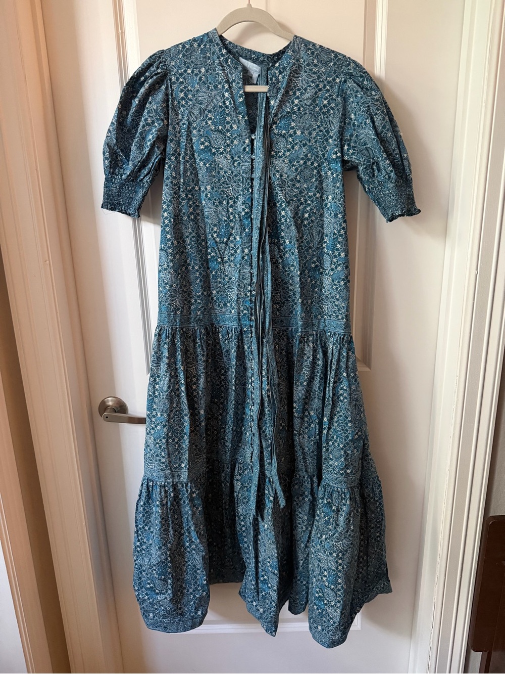 Hill House Teal Blue Floral Tie-Front Midi Dress